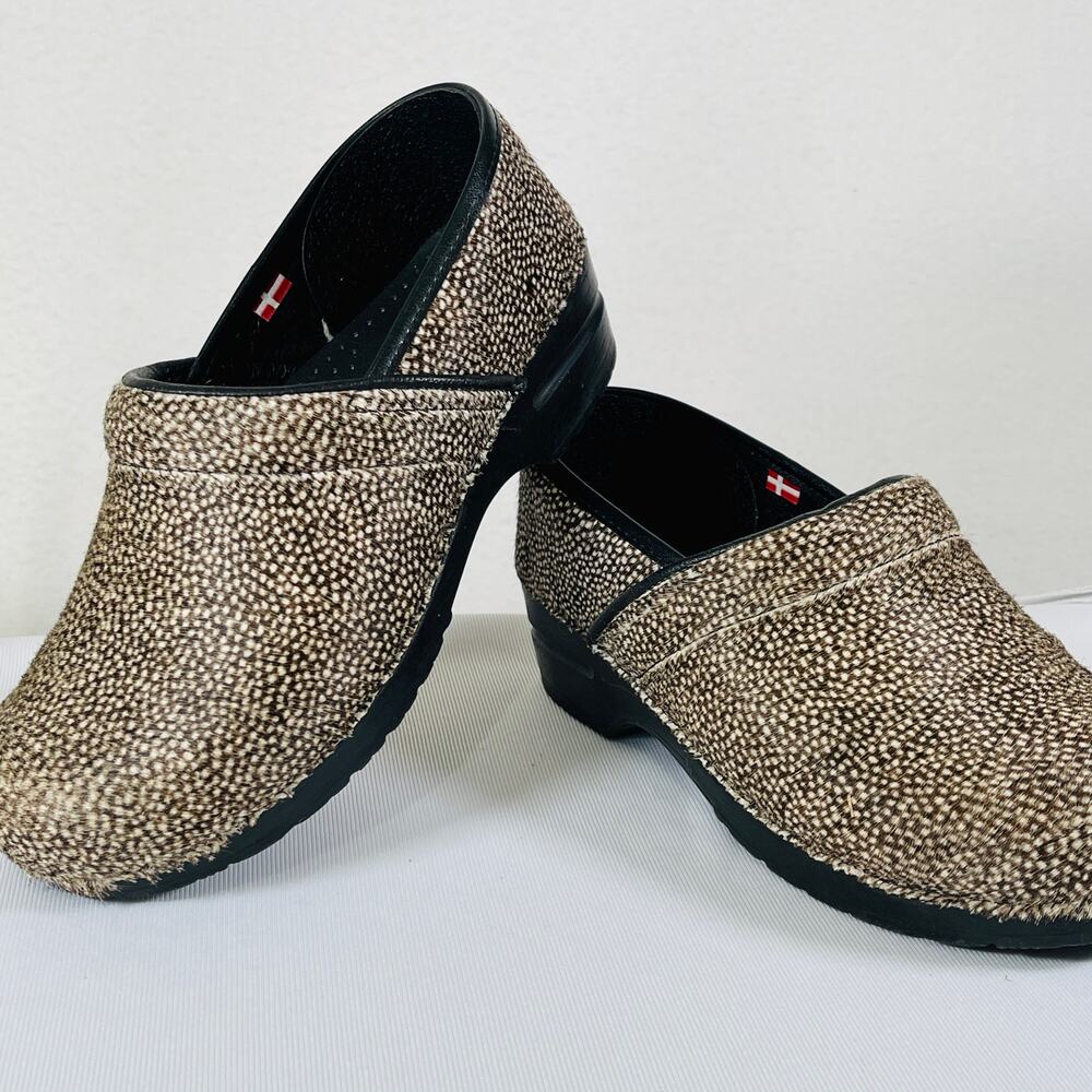 Santia Comfort Clogs Women's EU 40 US 9.5-10 Brown White Spotted Calf Hair